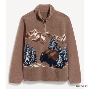 LARGE ● NWT Old Navy Mens Bison Buffalo Sherpa Fleece Quarter Zip Sweater Jacket